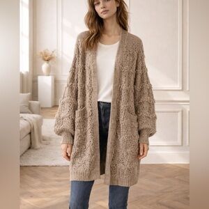 Tularosa Dandelion Slouchy Wool Blend Thick Knit Open Cardigan in Tan